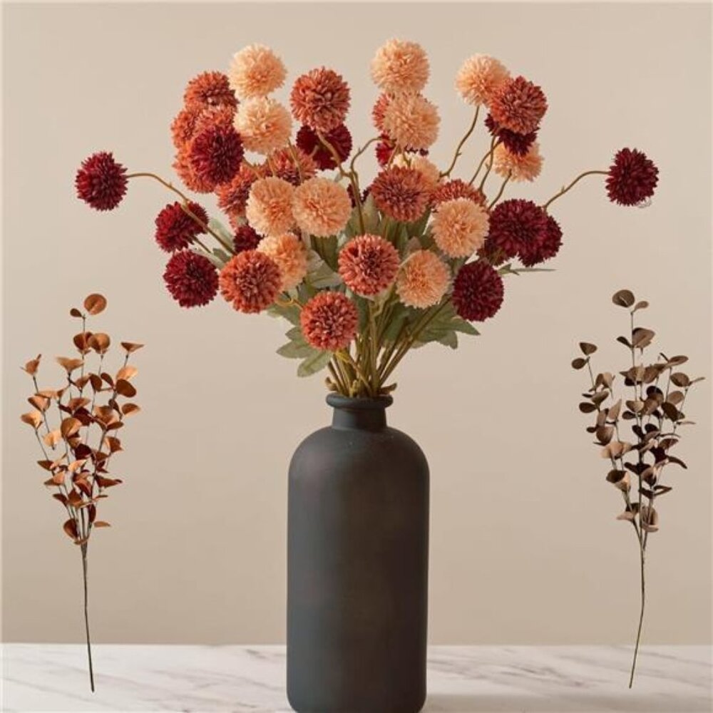 Fall Flowers, Burnt Orange Faux Kiku Flowers Artificial 10 Stems + Eucalyptus,